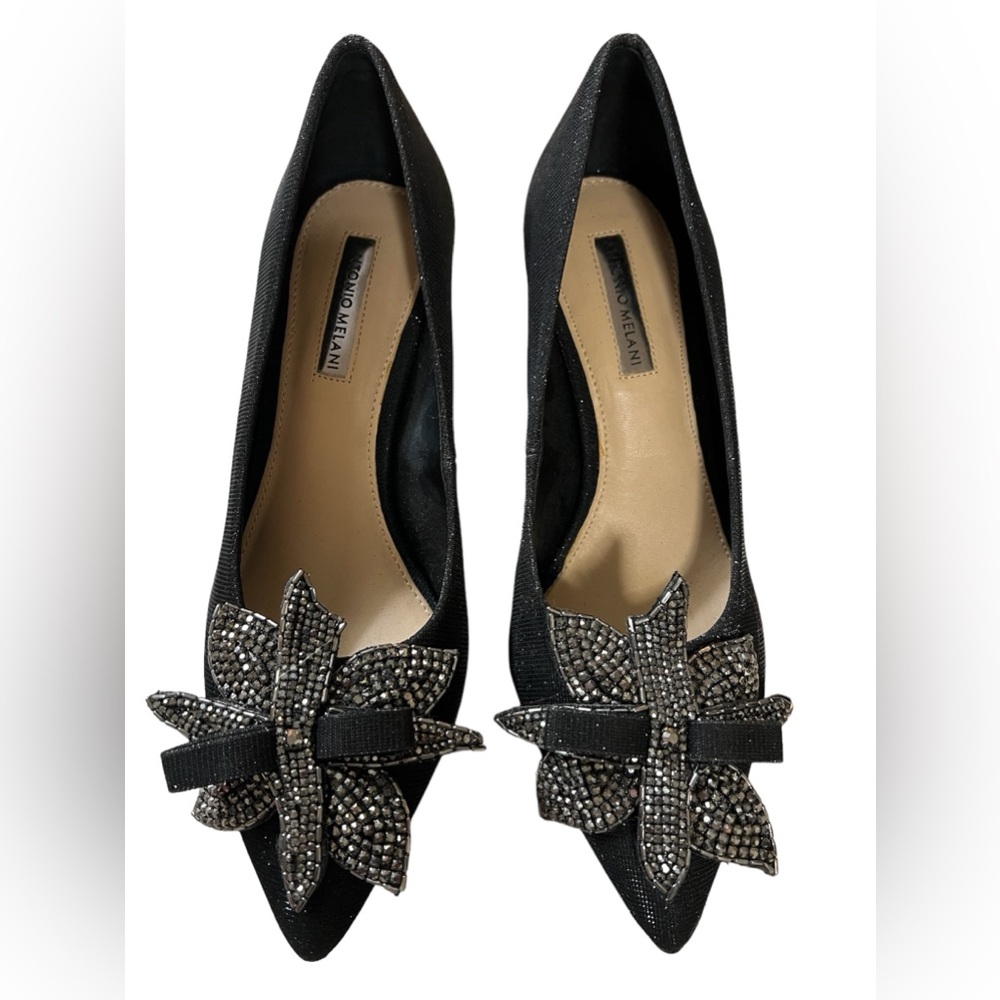 Antonio Melani Leather Black Sparkle Heels Flower Size 7M
